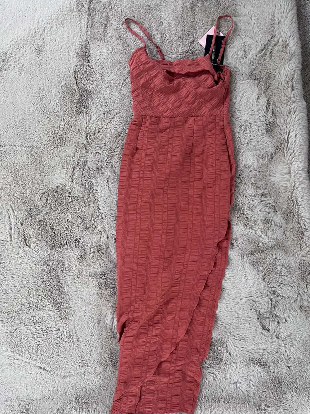 PrettyLittleThing Textured Rust Midi Dress with Ruffle Neckline